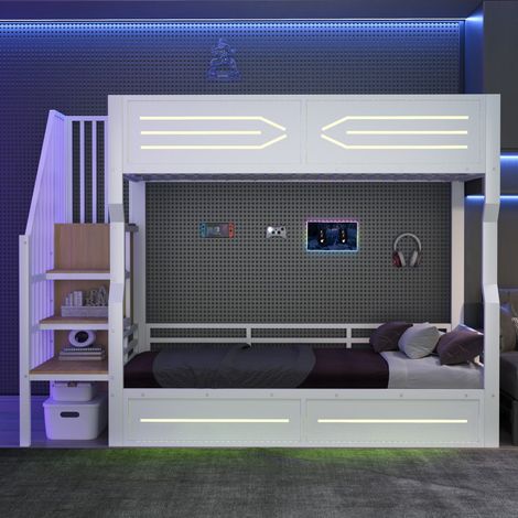 Lit Superposé 90x200 cm - Lit Enfant avec Escalier de Rangement, Armoire Intégrée et Éclairage LED - Cadre en Métal - Blanc (1/5)