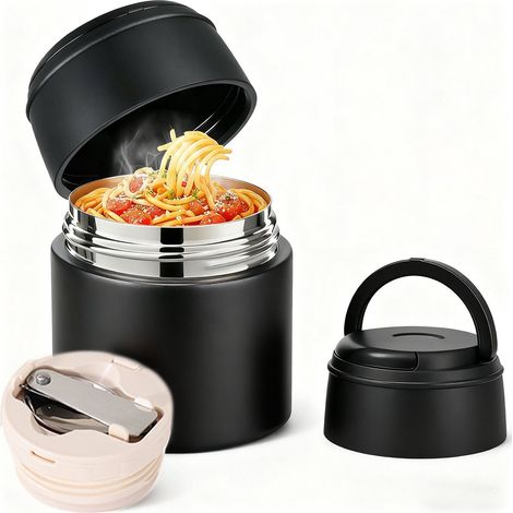 Récipients alimentaires - Soupière isotherme 550 ml - Boîte à lunch isotherme - Gobelet isotherme - Avec poignée et cuillère pliante - Noir (1/5)