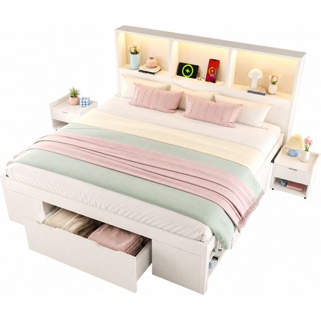 Lit 140x190 cm avec rangements, 2 chevets mobiles, LED, ports USB et Type-C, cadre bois blanc avec tiroir, sans matelas – CHICFURN (1/5)