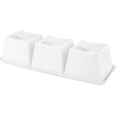 Set mit 3 weißen Trinkgläsern aus Kunststoff in kreativer Tastaturform mit Tablett für Zuhause, Büro oder Café, 344 g (1/5)