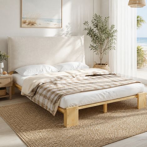 Einzelbett 140x200 cm Natur aus Holz und Stoff mit gepolsterter Rückenlehne und stabilem Lattenrost (1/5)