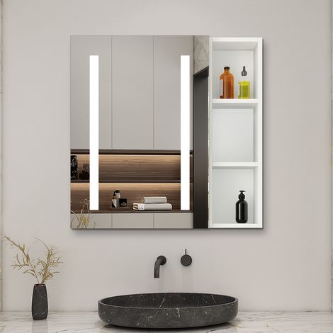 Aica Sanitarios Armario con espejo LED para baño armario principal 700 x 600 x 130mm,Armario auxiliar 700 × 200 × 130 mm, puerta con espejo LED 700 x 600 x 21 mm (1/5)