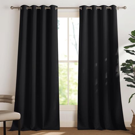 Cortinas y visillos - Decoración de ventanas con aislamiento térmico y bloqueo de luz para el hogar y el dormitorio. Paneles de tela con ojales para niños y adultos, 140 x 245 cm, color negro, 2 unida (1/5)