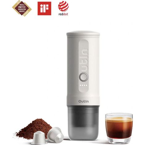 OutIn Nano Macchina da Caffè Espresso Elettrica Portatile - Bianco Perla, Caffè Macinato e Capsule NS - Camping, Viaggio, Trekking