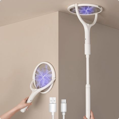 Tapette à moustiques électrique tête rotative rechargeable pour l'intérieur avec perche télescopique (1/5)