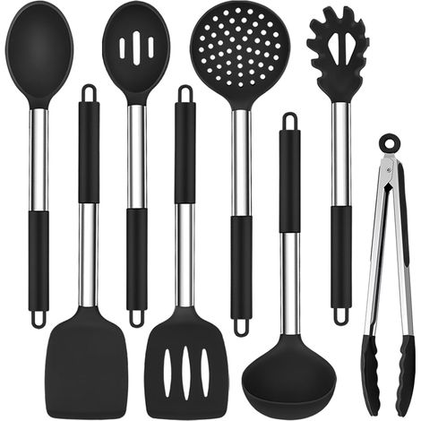 Juego de 8 utensilios de cocina de silicona con mangos de acero inoxidable, ideales para freír, servir, saltear y escurrir aceite. Color negro. (1/5)