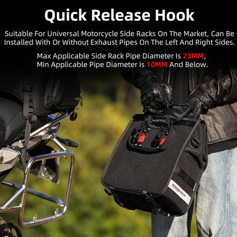 Rhinowalk Sac de selle de moto à dégagement rapide Organiseur de rangement latéral de grande capacité 13 L avec panneau de support et pochette intérieure étanche amovible (1/5)