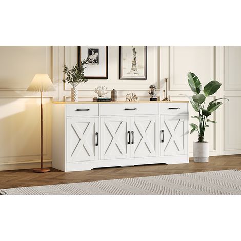 Meuble de salon moderne et blanc, armoire multifonctionnelle en bois. Meuble de salon pour le salon et la salle à manger. Meuble de salon blanc, avec décorations… (1/5)