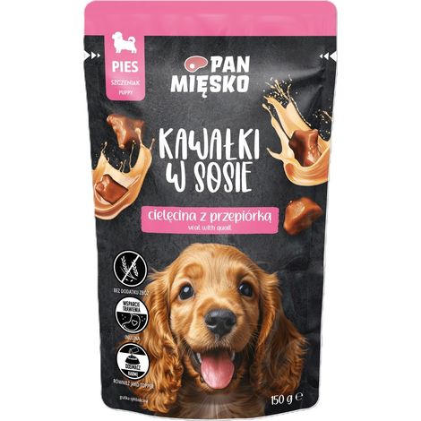Mr. Meat Fleischstücke in Soße – Nassfutter für Welpen – Kalbfleisch mit Wachtel 150 g