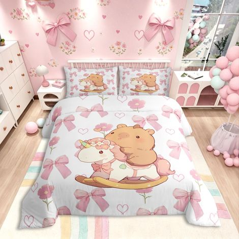 Parure de lit Capybara et licorne pour fille - 135 x 200 cm - Motif : Kapibara sur licorne - Rose - Bowknot - Cœur - Fleurs - Housse de couette Kawaii, adolescent, princesse (1/5)