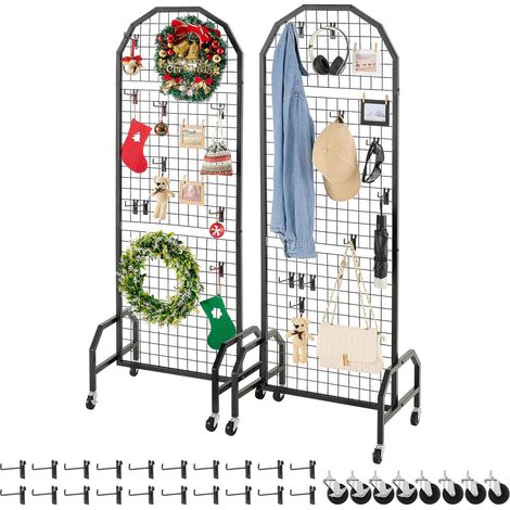 Grille d’Exposition sur Pied 2PCs 60x164 cm, Panneau Grille en Acier Carbone, Présentoir Grillagé Mobile avec Roulettes et 20 Crochets, pour Affichage Présentation Photo Mémo Décoration (1/5)