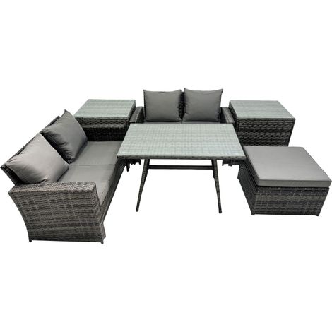 Fimous 5 Seater Wicker PE Rattan Furniture Outdoor Dining Table Double Seat Sofa Big Stool 2 Side Table Set Dark Grey Mixed (1/5)
