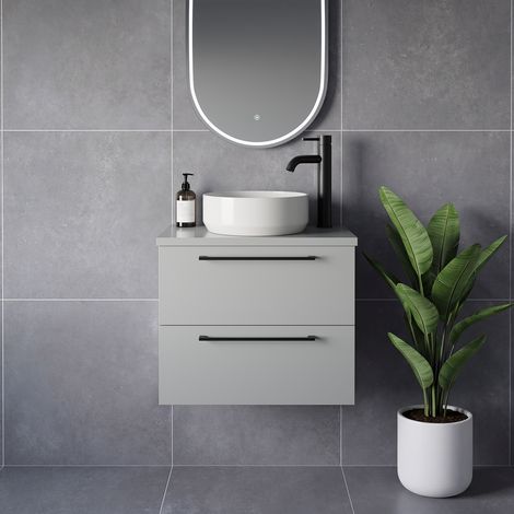 Napoli 390 Gloss Grey Pearl 600mm Wall Mounted 2 Drawer Vanity Unit for Countertop Basins - 600mm - Matt Black 320mm Handle