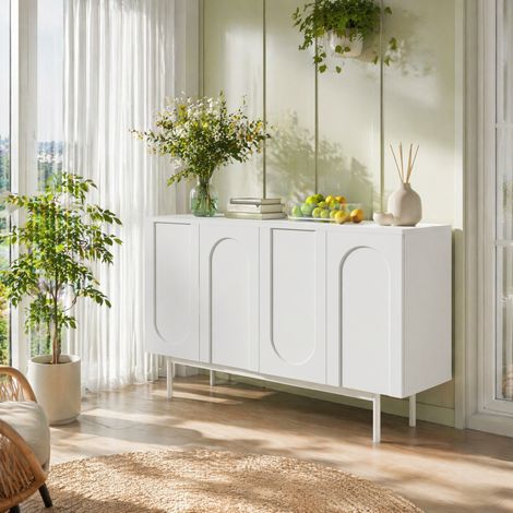 Aparador buffet moderno 140 x 42 x 80 cm con 4 puertas, 2 estantes regulables, blanco HAVRYA (1/5)