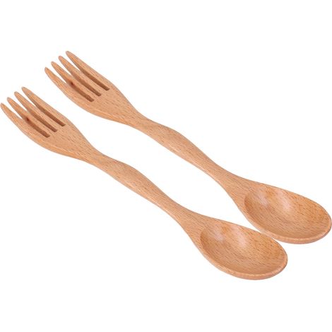 2-teiliges Set aus Buchenholzlöffel und -gabel, vielseitig verwendbar, Dessertlöffel und -gabel (1/5)