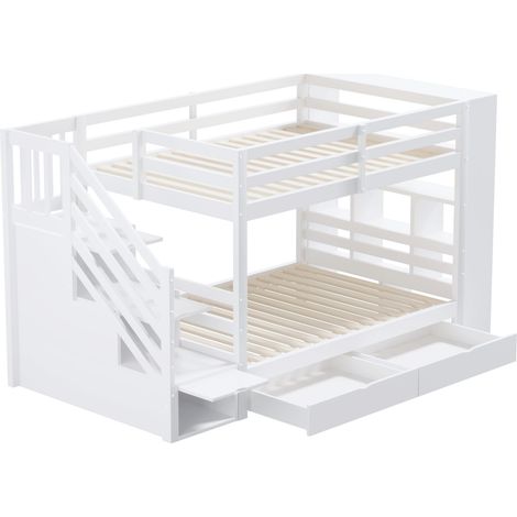 Hochbett 90 x 200 cm mit Aufbewahrungstreppe, Schubladen, Regalen, Kiefer, Weiß (1/5)