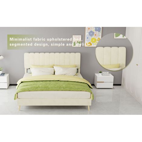 Lit double rembourré beige 160 x 200 cm avec tête de lit moelleuse et base basse sans rangement pour chambre et suite parentale (1/5)
