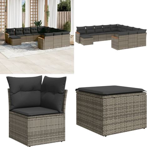 Salon de jardin avec coussins 12 pcs gris résine tressée - Ensemble Salon De Jardin - Mobilier De Jardin - Salon Extérieur - Canapé Jardin - Chaise Lounge - Home & Living (1/5)