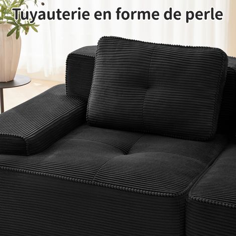 Canapé modulable noir 4 places en velours côtelé avec méridienne en L, assise profonde, sans montage pour salon et séjour (1/5)