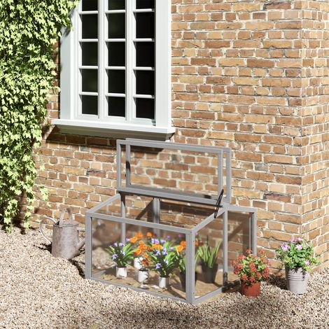 Outsunny Frühbeet Treibhaus Gewächshaus Frühbeetkasten Pflanzenbeet mit Abdeckung aus Holz und Polycarbonat wetterfest Hellgrau 90 x 80 x 58 cm (1/5)