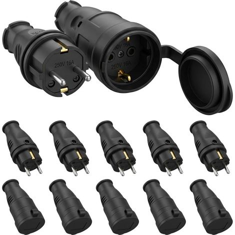Lot de 10 Connecteurs Schuko,5 Pièces Kit Fiche Mâle + 5 Pièces Prise Femelle,Étanche IP44,250V 16A Fiche Électrique en Caoutchouc Broche,Jeu de Contacts de Protection Pour Câble de 0,5 à 3 cm² (1/5)