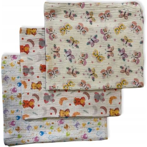 Confezione da 3 mini pannolini in mussola, 38x38 cm, con farfalle e motivi animali (1/5)