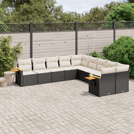 Ensemble Salon Jardin 10 Places Résine Tressée Noir avec Coussins Crème - Meuble Extérieur Modulaire avec Tablettes (1/5)