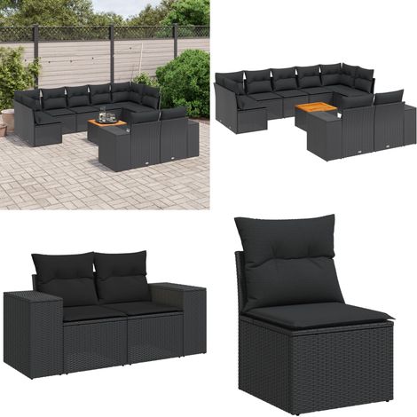 10-tlg. Garten-Sofagarnitur mit Kissen Schwarz Poly Rattan - Gartensorte - Gartenmöbelset - Esstischgarnitur - Outdoor Möbel - Lounge Set - Home & Living (1/5)