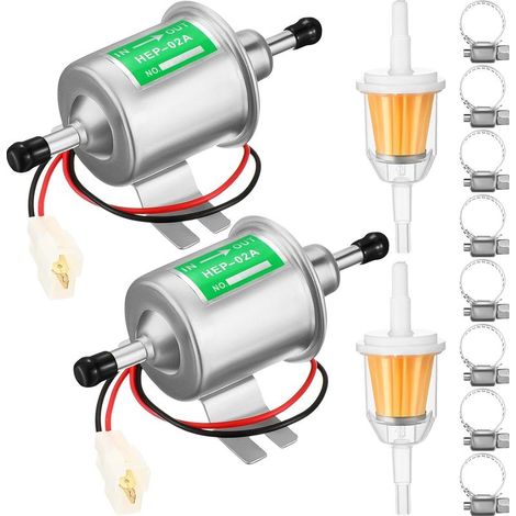 2-teiliges 12-V-Universal-Niederdruck-Elektrokraftstoffpumpen-Set, 4–7 PSI Inline-Diesel-/Benzinpumpe mit 2 Kraftstofffiltern und 8 Schlauchschellen, Vergaser HEP-02A, Silber (1/5)