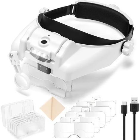 Loupe avec éclairage intégré, loupe à 6 lentilles interchangeables, grossissement de 1x à 14x, serre-tête lumineux LED pour le modélisme, la lecture, la bijouterie et les loisirs créatifs. (1/5)
