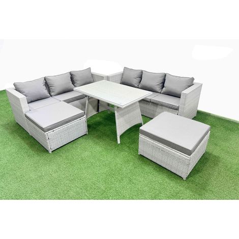 Fimous Rattan Garden Furniture Dining Set 8-seater Patio Rectangular Table 3 Seater Sofa Set with 2 Big Stools Light Grey (1/4)