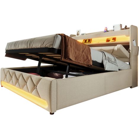 Polsterbett Einzelbett, Stauraum Kopfteil mit USB und Typ C-Port ,360-Surround-LED-Funktion rund um Kopf- und Fußende des, Betten mit Hydraulisch Stauraum, Leinen(Ohne Matratze)