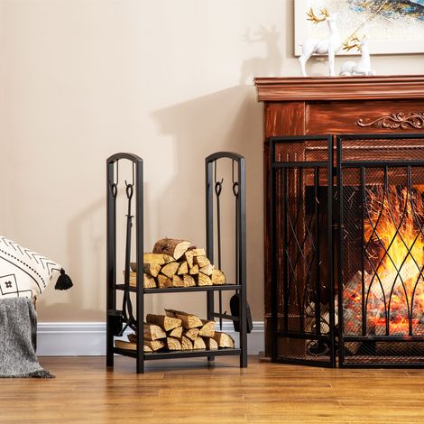 Étagère à bûches pour cheminée 40x30x74,5 cm Support à bûches à 2 niveaux Bûcher extérieur et intérieur en métal avec 4 outils pour cheminée Charge Maximum 100 kg Noir (1/5)
