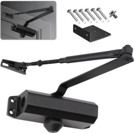 Ferme-porte hydraulique automatique avec dispositif d'arrêt, ferme-porte à ressort réglable (Noir) (1/5)