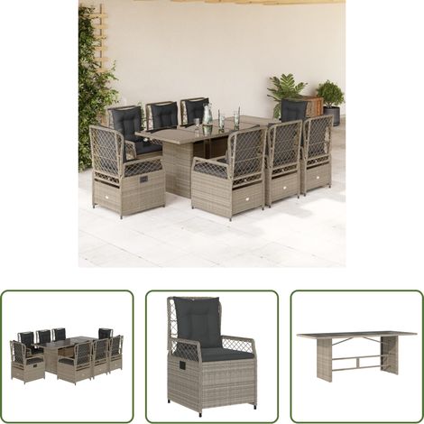 Gartentisch - 9-tlg. Garten-Essgruppe mit Kissen Hellgrau Poly Rattan (1/5)