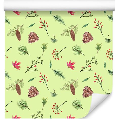 Papel pintado navideño verde lima y crema para salón y dormitorio, 50x1000 cm. (1/5)