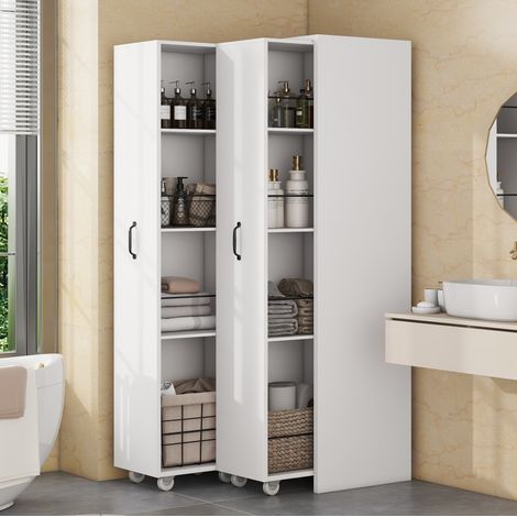 Bibliothèque extensible avec 4 étagères, tiges en métal, grandes roulettes, blanc, pour salon, bureau et cuisine (1/5)