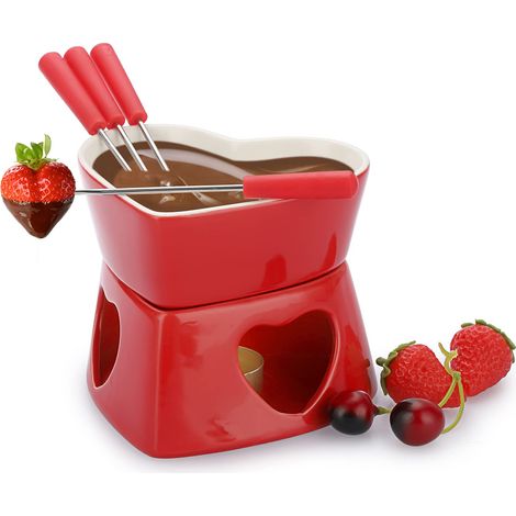 Ensemble de fondoirs en forme de cœur avec 4 fourchettes, chauffe-fromage polyvalent pour chocolat et caramel, plat de service compatible micro-ondes et plaque de cuisson (1/5)