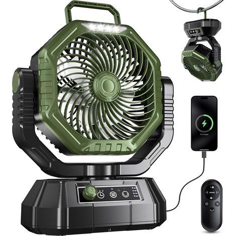 Ventilateur de Camping avec lanterne LED, 20000mAh Ventilateur Rechargeable Avec Télécommande et Crochet, Rotation 270°, Vitesse Réglable, Mode Minuterie,Pour l'intérieur et l'extérieur (vert) (1/5)