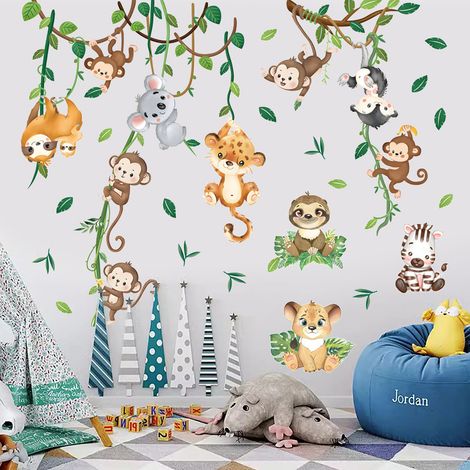 Stickers Muraux Animaux de la Jungle Arbre Autocollants Muraux Mural Stickers Singe Lion Zèbre pour Chambre Enfants Bébé Pépinière