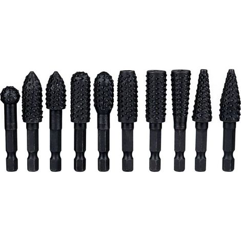 Treki 10Pcs Ensemble de Râpes Rotatives pour Fraises 6.35 mm Fraises Rotatives de Poignée Hexagonale en Acier Carbone Outil de Sculpture pour Sculpture sur Bois, Polissage Métaux, Gravure, Noir (1/4)