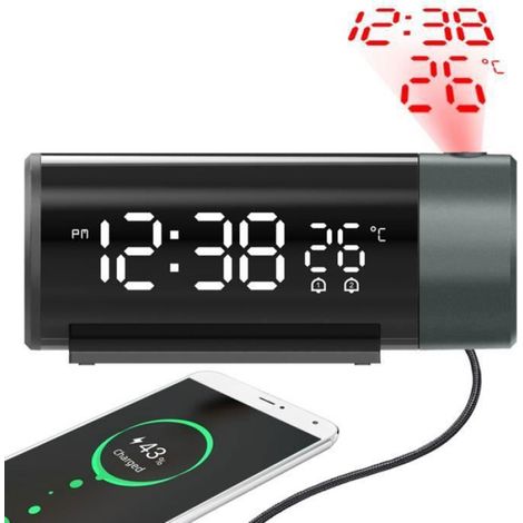 Reveil Projecteur - Affichage LED - Projection Murale 180° - Réglage Luminosité 4 Niveaux - Température Intégrée - 2 Alarmes - Noir - 1 Pièce (1/3)