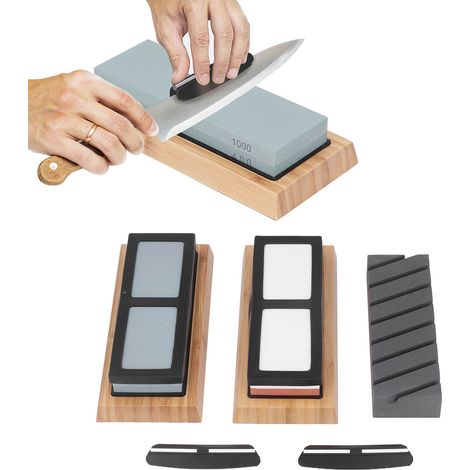 11-teiliges Schärfset inklusive Schleifsteinen der Körnungen 400/1000 + 3000/8000 + Abrichtstein + Winkelanschlag + Gummipad + Ständer. Professionelles Schärfset. (1/5)