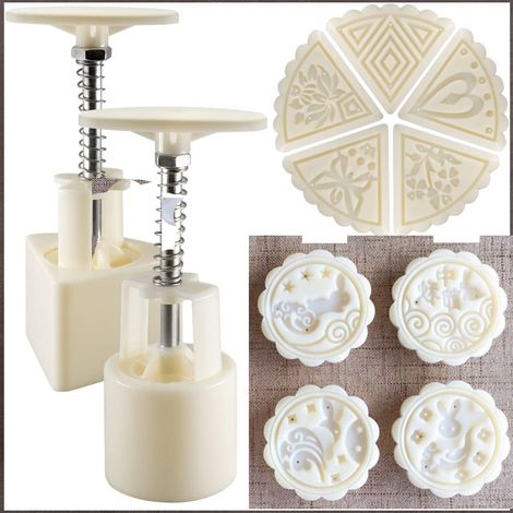 Moule à gâteau de lune, lot de 2 presses à biscuits en forme de fleur et de triangle avec 9 motifs, ustensiles de décoration de gâteaux - Blanc (1/2)