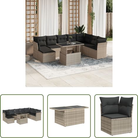 Canapé de jardin -  Salon de jardin 9 pcs avec coussins gris clair résine tressée (1/5)