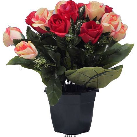 Pot fleurs artificielles pour le cimetière boutons de roses Rouge-blanc - couleur: Rouge-blanc
