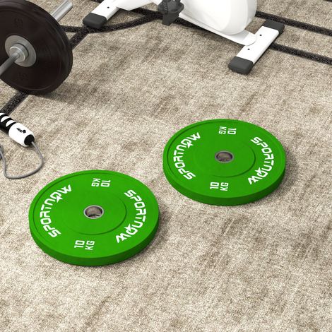 Juego de 2 discos de pesas de goma de 2x10 kg, discos para gimnasio y hogar con orificio de 5 cm para mancuernas y barras, color verde.