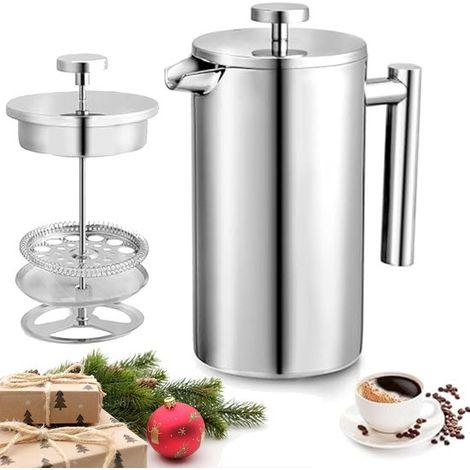 Macchina da caffè con pressa francese, 1 litro, a doppia parete, realizzata in acciaio inox 304, macchina da caffè in acciaio inox (1 litro, argento). (1/5)
