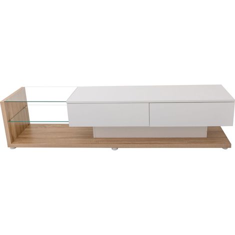 TV-Lowboard mit 2 Schubladen, 2 Glasböden und LED, Weiß Hochglanz mit Holzoptik, 170×36×38 cm, aus Spanplatte (1/5)