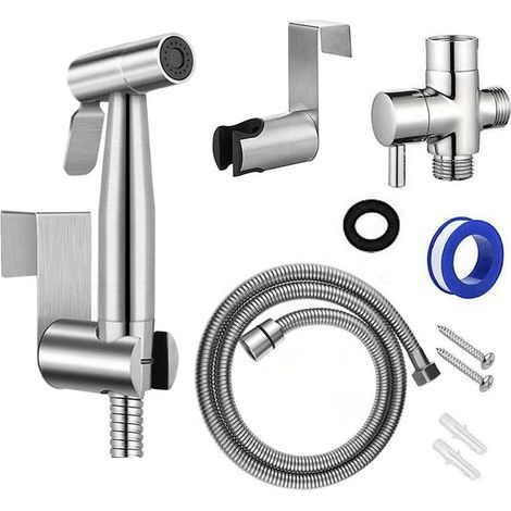 Hand bidet set with shower head, 2 m long shower hose and hook, ideal for washing hair or the sink (silver) (1/4)